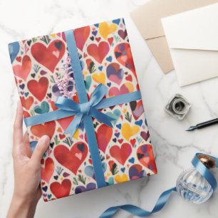 Unique Artsy Colour Love Hearts Watercolor Pattern Wrapping Paper