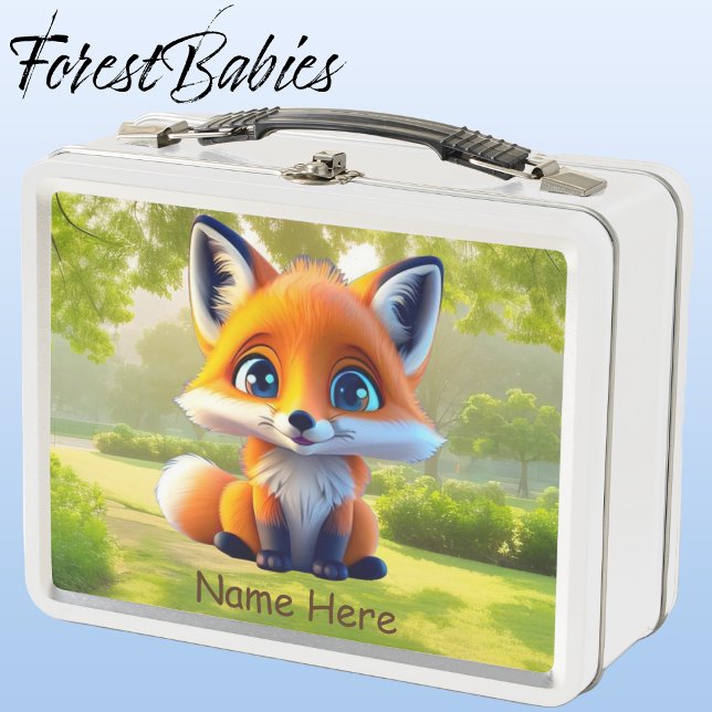Unique Baby Fox Wildlife Animal Cartoon Graphic Metal Lunch Box (🦊 Red Fox, White ForestBabies Lunch Box)