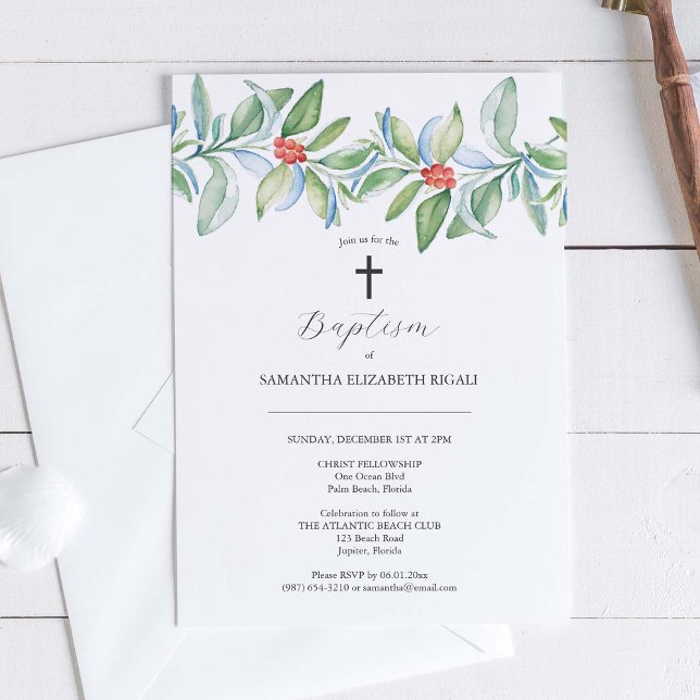 Unique Baptism Invitations Christmas Greenery (Winter baptism invitations online feature unique watercolor art by Victoria Grigaliunas)