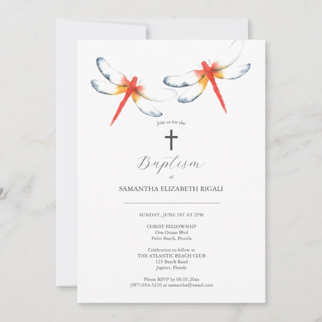 Unique Baptism Invitations Red Dragonfly (Front)