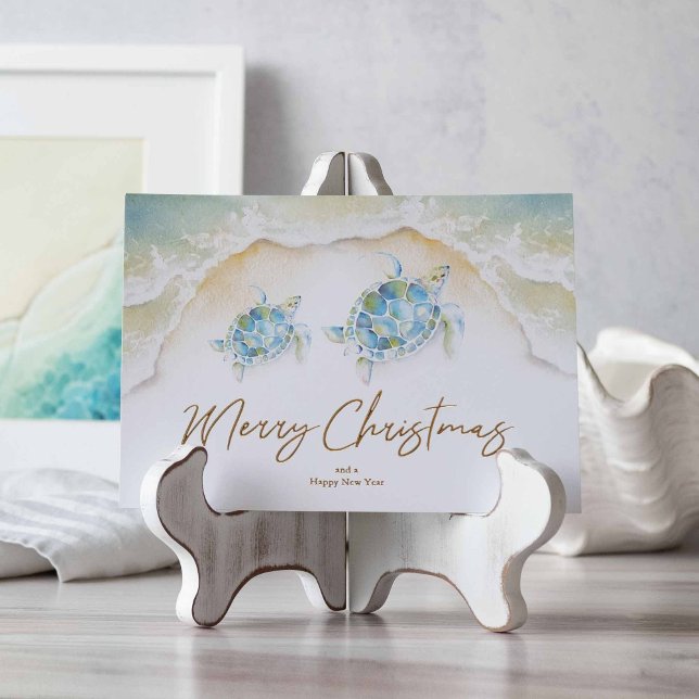 Unique Beach Christmas Cards Watercolor Sea Turtle (Beach Christmas cards feature unique watercolor art and design by Victoria Grigaliunas)