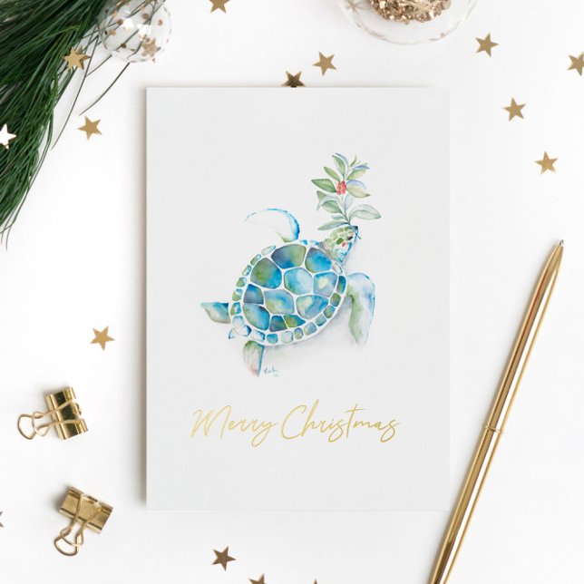 Unique Beach Christmas Cards Watercolor Sea Turtle (Beach Christmas cards features watercolor sea turtle art by Victoria Grigaliunas of Do Tell A Belle)