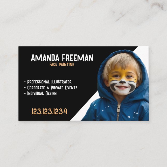 Unique Black and Orange Face Painting Artist Business Card (Front)