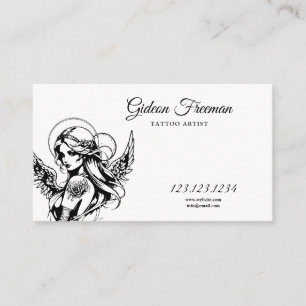 Unique Black and White Angel Tattoo Artist Business Card