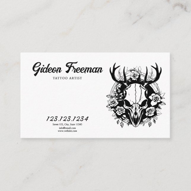 Unique Black and White Deer Skull Tattoo Artist Business Card (Front)