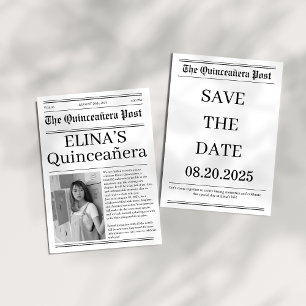 Unique Black and white Quinceañera newspaper photo Save The Date