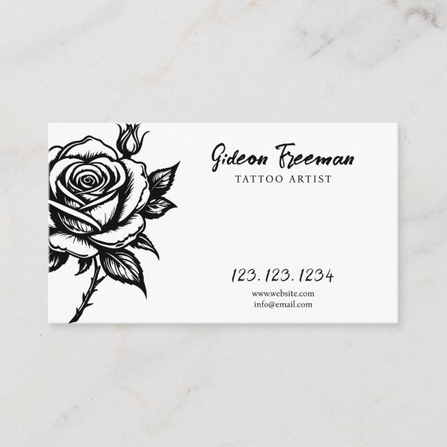 Unique Black and White Rose Tattoo Artist Business Card (Front)