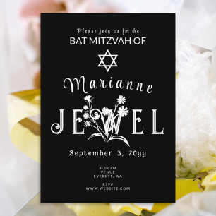 Unique Black Bat Mitzvah Floral Typography Invitation