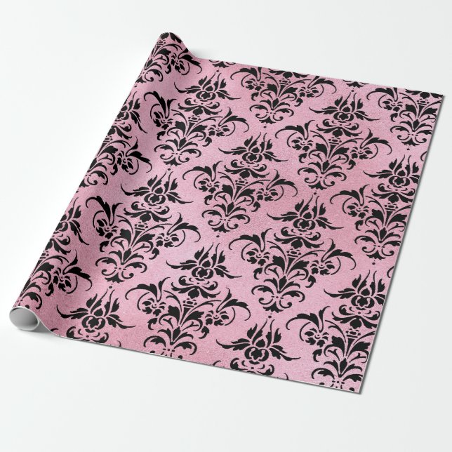 Unique Black Damask on Pink Wrapping Paper (Unrolled)