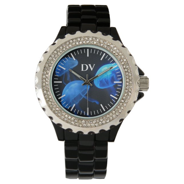 Unique black enamel women's watch with blue dial (Front)