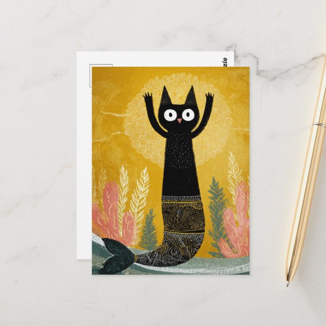 Unique Black Kitty Mermaid Postcard (Front/Back In Situ)