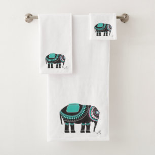 Unique Black Ornate Design, Stylish White Modern Bath Towel Set