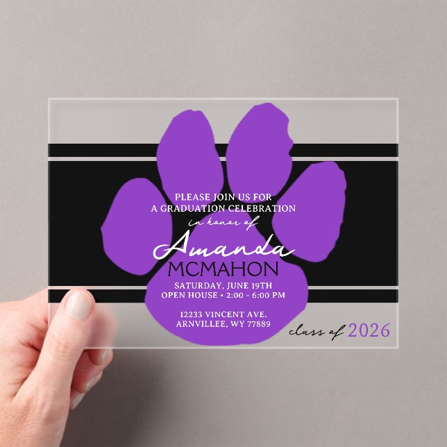 Unique Black & Purple Graduation Pawprint Elegant Acrylic Invitations (Insitu (Handheld))