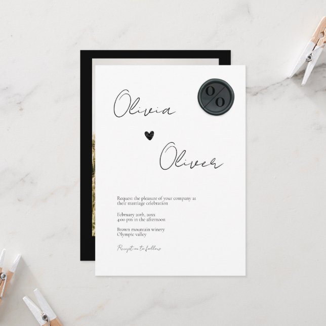 Unique black wax seal monogram photo wedding invitation (Front/Back In Situ)