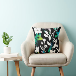 Unique Black & White Floral & Bright Colour Accent Cushion