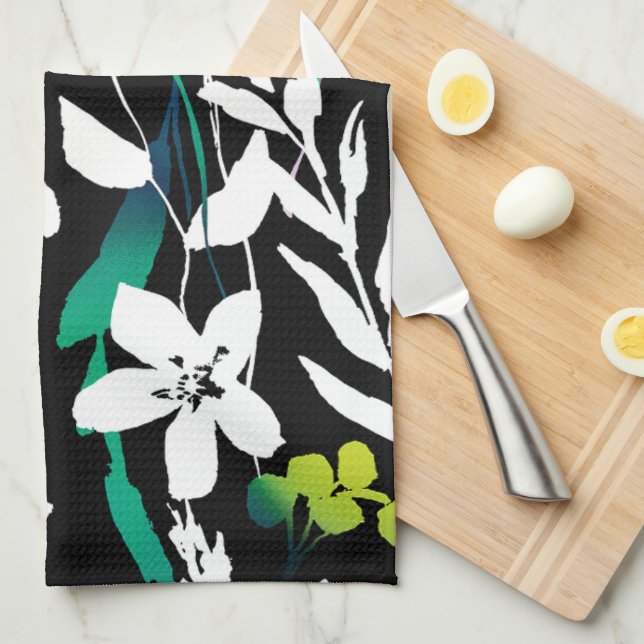 Unique Black & White Floral & Bright Colour Accent Tea Towel (Quarter Fold)