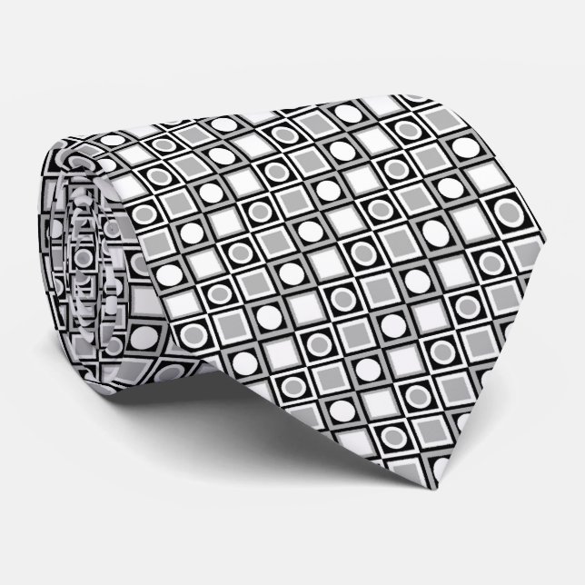 Unique Black White Grey Circles Squares Pattern Tie (Rolled)