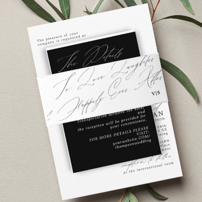 Unique Black White  Love Laughter Monogram Wedding Invitation Belly Band (Creator Uploaded)