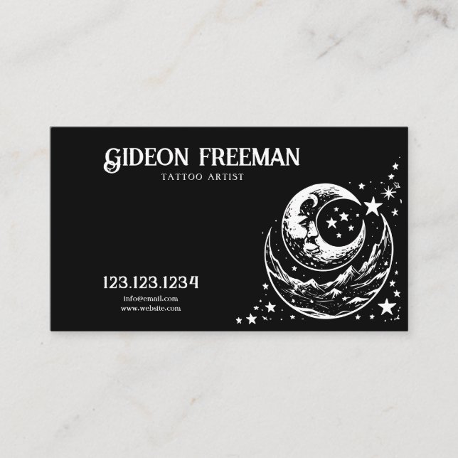Unique Black & White Moon Stars Tattoo Artist Business Card (Front)