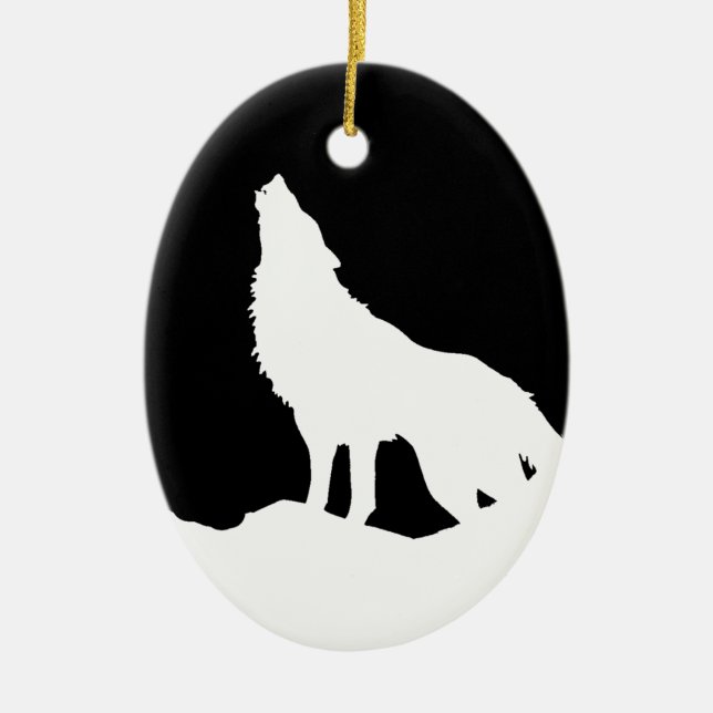 Unique Black & White Pop Art Wolf Silhouette Ceramic Tree Decoration (Front)