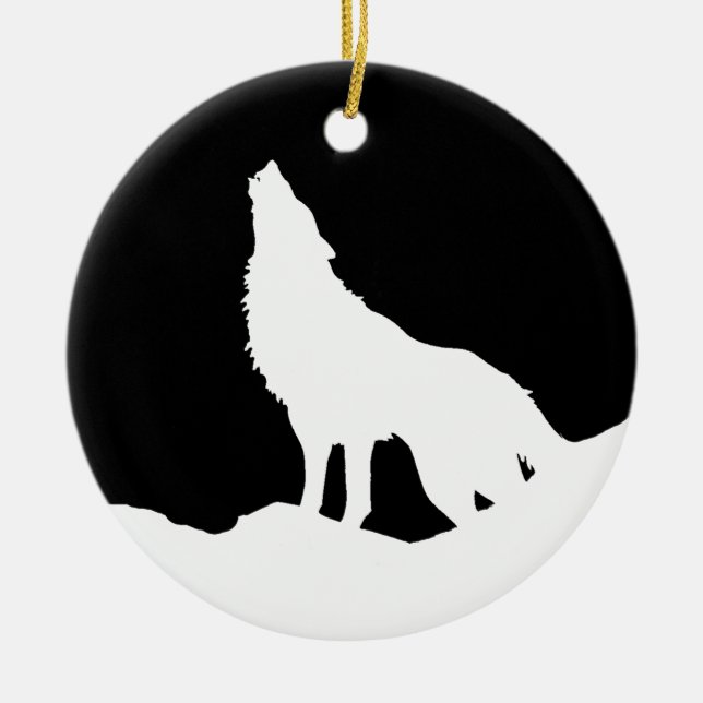 Unique Black & White Pop Art Wolf Silhouette Ceramic Tree Decoration (Front)