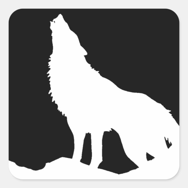 Unique Black & White Pop Art Wolf Silhouette Square Sticker (Front)