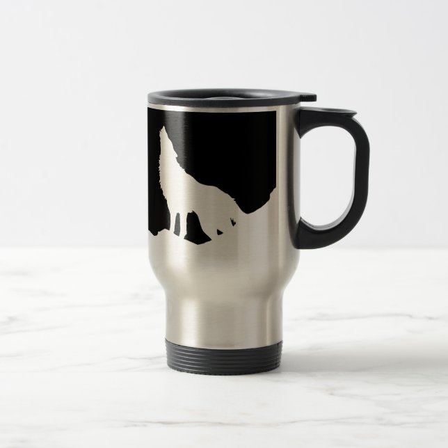 Unique Black & White Pop Art Wolf Silhouette Travel Mug (Right)