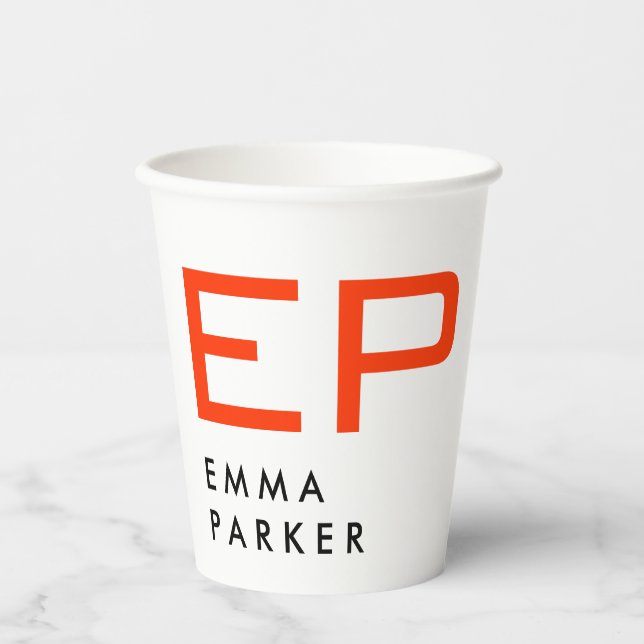 Unique Black White Trendy Orange Monogram Paper Cups (Front)