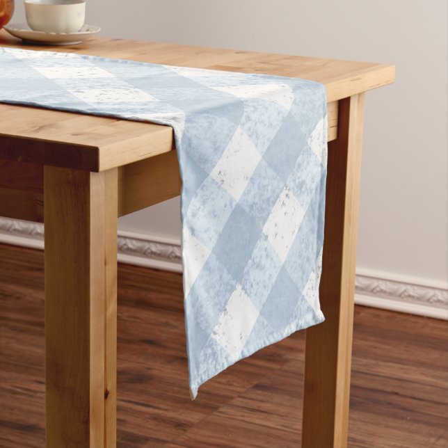 Unique Blue and White Spotted Chequered Pattern Long Table Runner (In Situ)