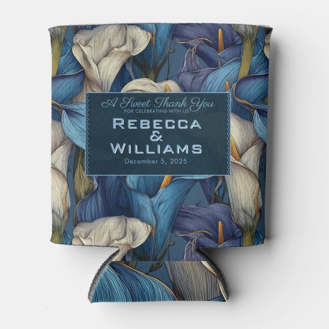 Unique Blue Calla Lilies Charm Greenery Wedding Can Cooler (Front)