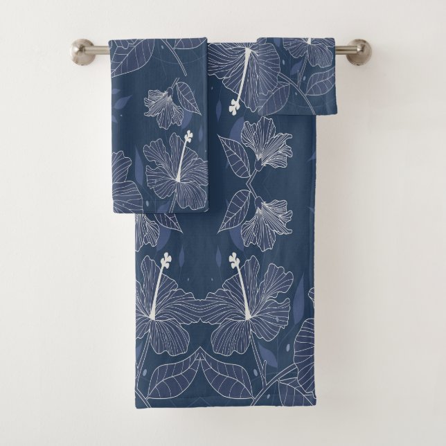 Unique Blue Floral Pattern Hibiscus Flowers   Bath Towel Set (Insitu)