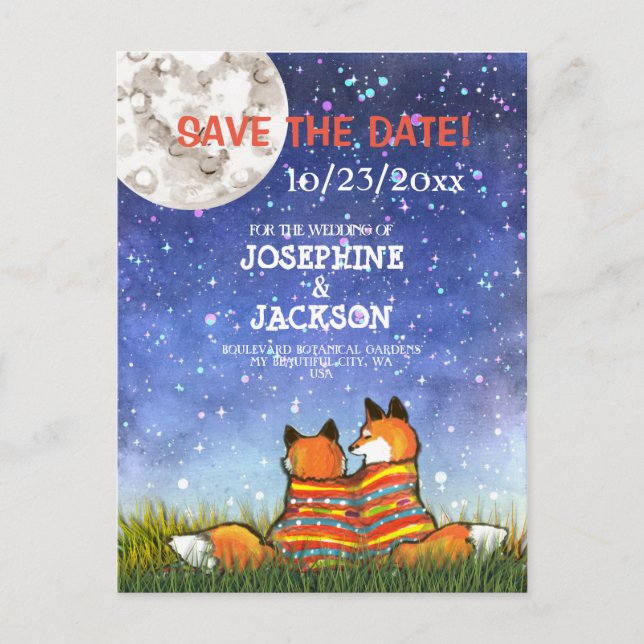 Unique Blue Fox Moon Stars Save the Date Wedding Announcement Postcard (Front)