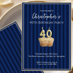 Unique Blue Gold 40th Birthday Invitation For Him