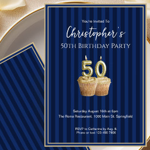 Unique Blue Gold 50th Birthday Invitation For Him