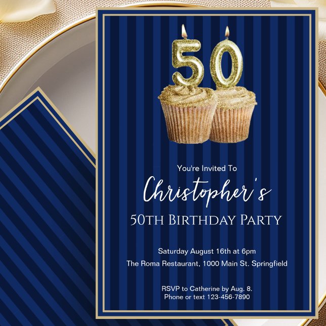 Unique Blue Gold 50th Birthday Invitation For Him (Creator Uploaded)