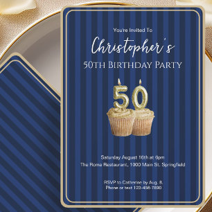Unique Blue Gold 50th Birthday Invitation For Him