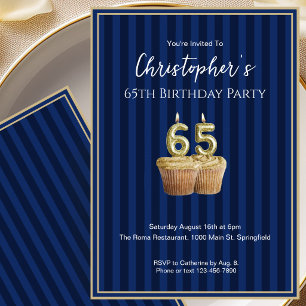 Unique Blue Gold 65th Birthday Invitation For Him