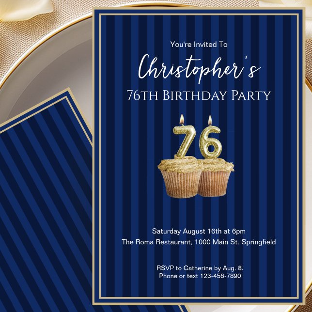 Unique Blue Gold 76th Birthday Invitation For Him (Creator Uploaded)