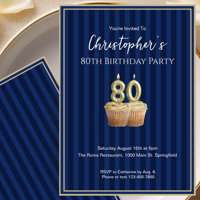 Unique Blue Gold 80th Birthday Invitation For Him (Creator Uploaded)