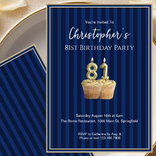 Unique Blue Gold 81st Birthday Invitation For Him