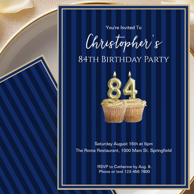 Unique Blue Gold 84th Birthday Invitation For Him (Creator Uploaded)