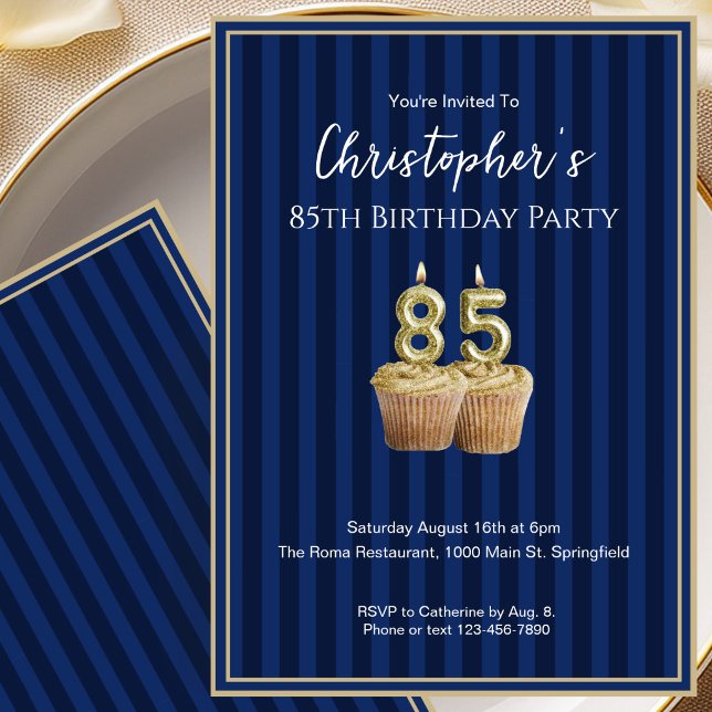 Unique Blue Gold 85th Birthday Invitation For Him (Creator Uploaded)