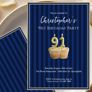 Unique Blue Gold 91st Birthday Invitation For Him