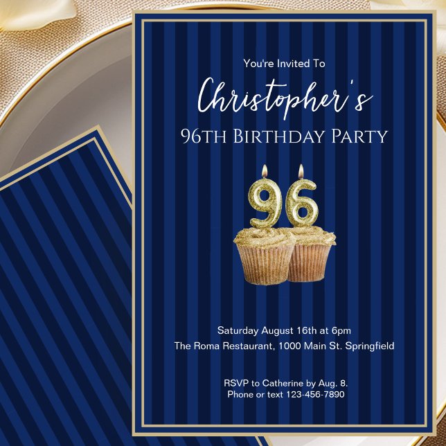 Unique Blue Gold 96th Birthday Invitation For Him (Creator Uploaded)