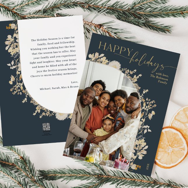 Unique Blue Gold Floral Wreath Family Photo  Holiday Card (Creator Uploaded)