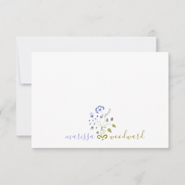 Unique Blue Green Floral Vine Script Name Card (Front)