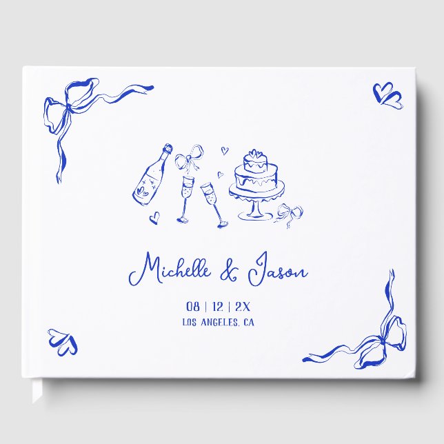 Unique Blue Hand Drawn French Bow and Champagne Guest Book (Front)