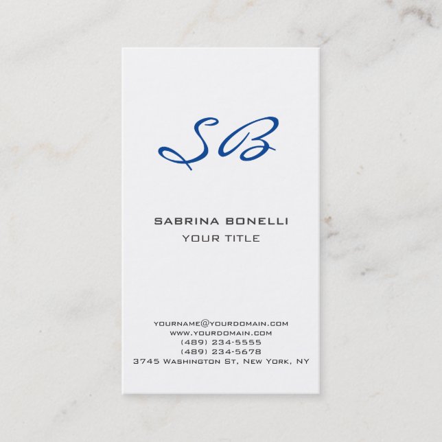 Unique Blue Monogram White Cute Business Card (Front)