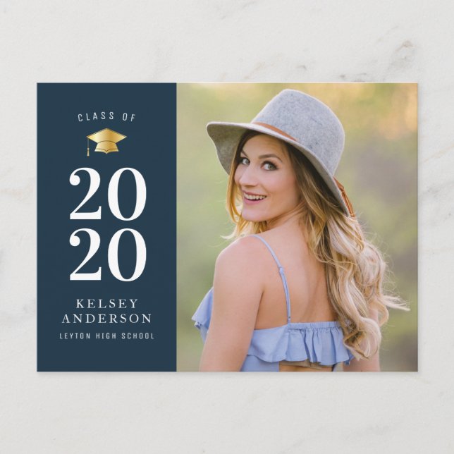 unique blue photo grad announcement postcard (Front)
