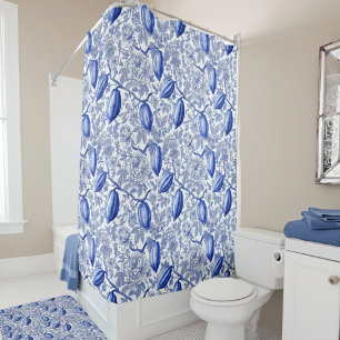 Unique Blue Toile Cocoa Chic Botanical Pattern Shower Curtain